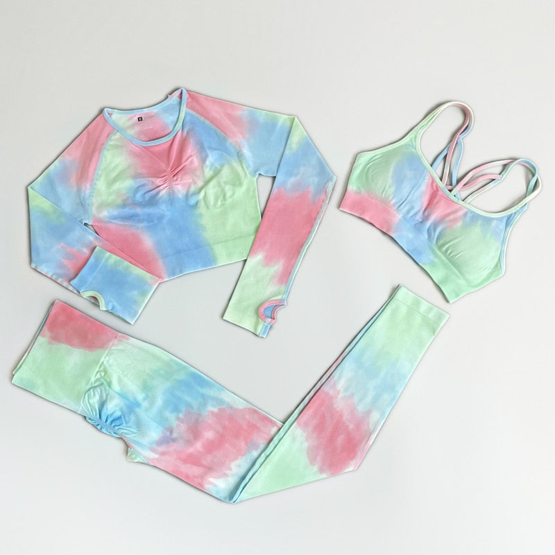 NEW Tie Dye Tracksuit High Waist Leggings Seamless Yoga Suit Womens Gym Clothes Workout Set Sportswear Outfit Fitness Clothing