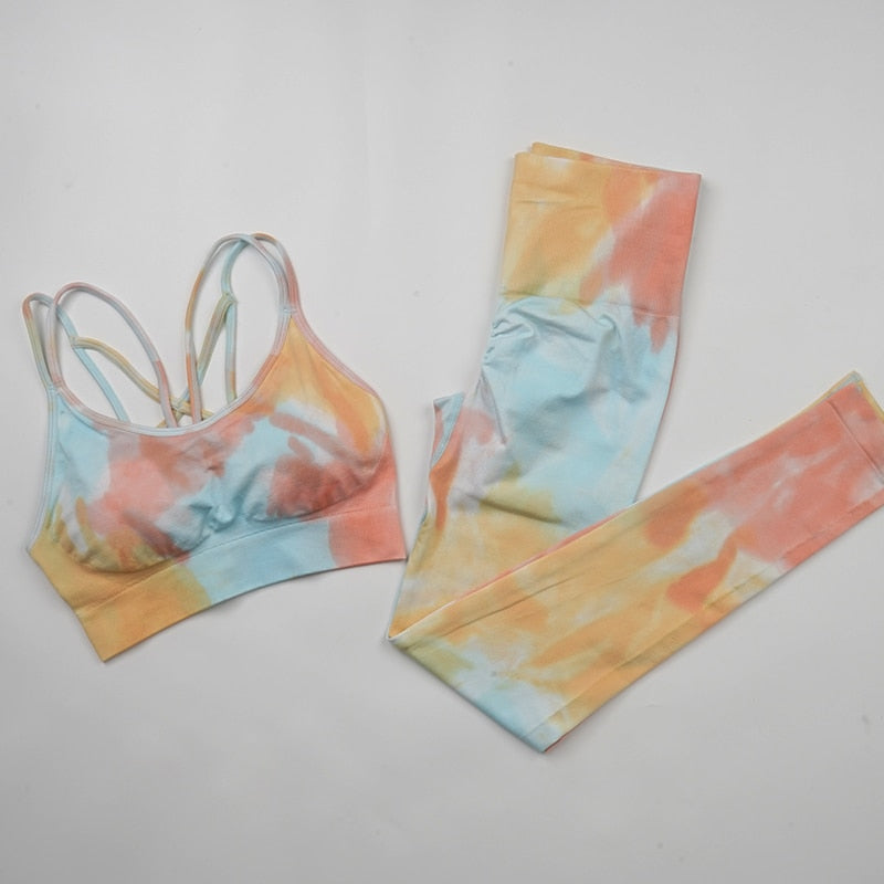 NEW Tie Dye Tracksuit High Waist Leggings Seamless Yoga Suit Womens Gym Clothes Workout Set Sportswear Outfit Fitness Clothing