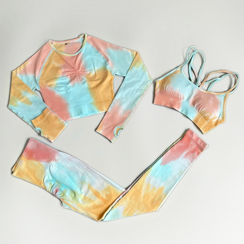 NEW Tie Dye Tracksuit High Waist Leggings Seamless Yoga Suit Womens Gym Clothes Workout Set Sportswear Outfit Fitness Clothing